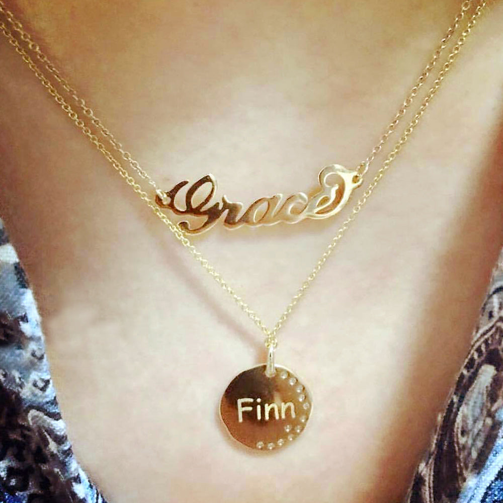 Be Engraved Disc Diamonds Pendant on Chain in 14K Gold/18K Gold