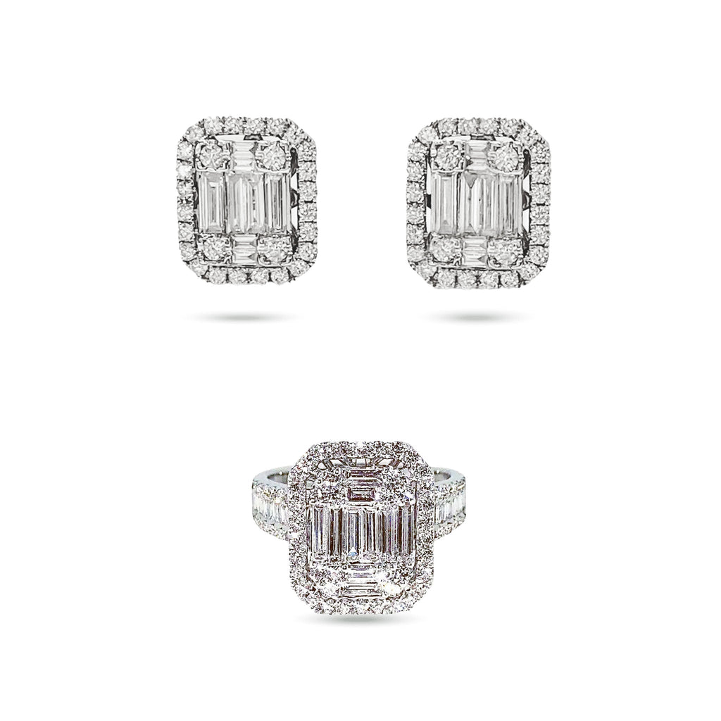 Elizabeth Baguette Diamond Earrings & Ring Set in 18K White Gold - Kura Jewellery