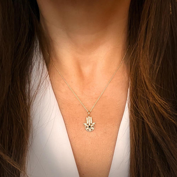 Fatima Hand Pendant on Chain with Diamonds in 18K Yellow Gold - Kura Jewellery