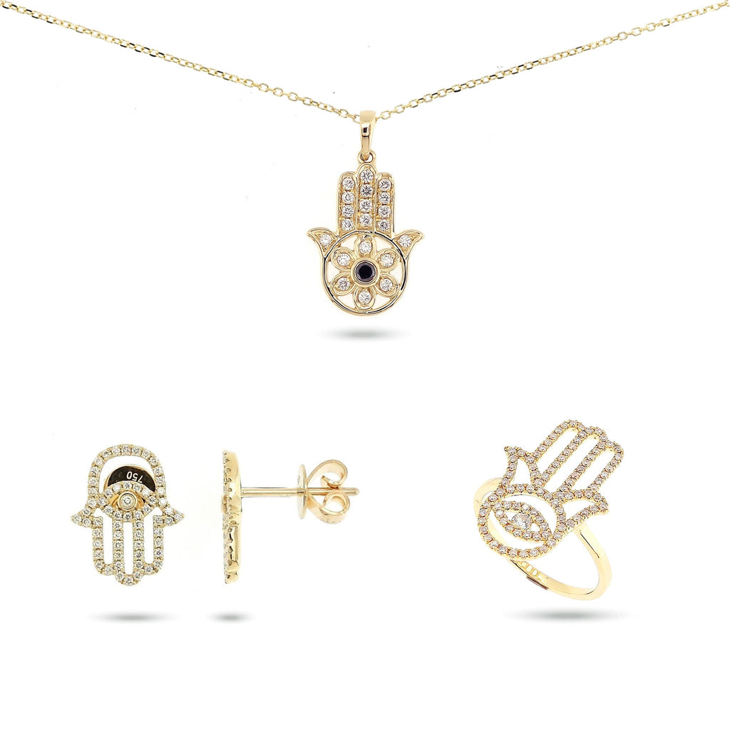 Fatima Hand Pendant/Pendant on Chain, Earrings & Ring Set with Diamond in 18K Gold - Kura Jewellery