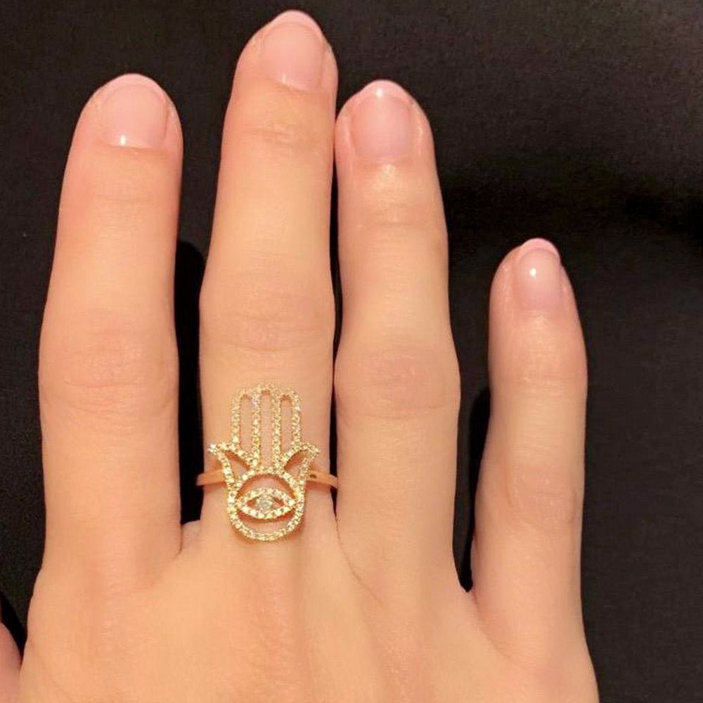 Fatima Hand Pendant/Pendant on Chain, Earrings & Ring Set with Diamond in 18K Gold - Kura Jewellery
