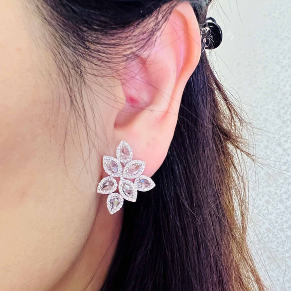 Flower Rose Cut Diamond Earrings in 18K White Gold