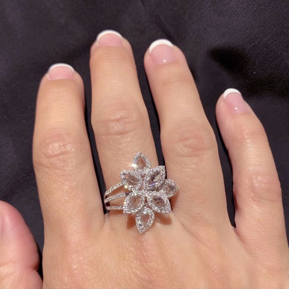 Flower Rose Cut Diamond Ring in 18K White Gold