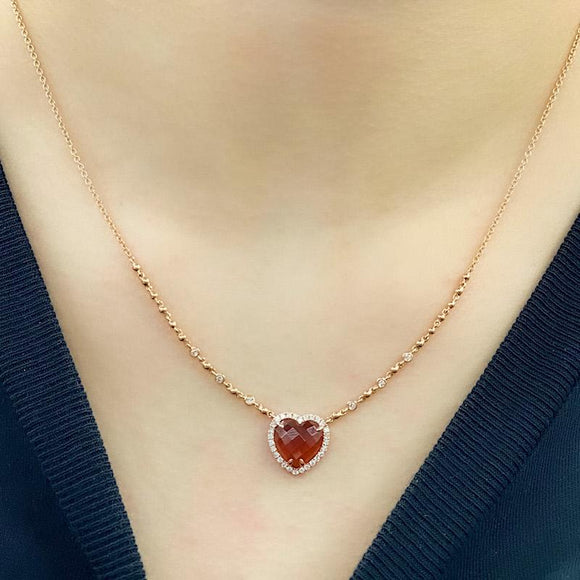 Heart Red Garnet Gemstone Necklace with Diamonds in 18K Rose Gold - Kura Jewellery