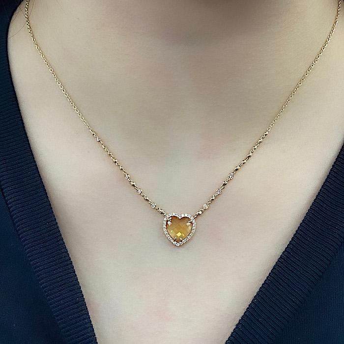 Heart Yellow Citrine Gemstone Necklace with diamonds in 18K Rose Gold. - Kura Jewellery