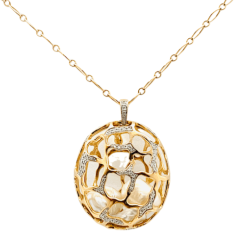 Kura Signature Cage Pendant Necklace without Diamond in 18 Karat Gold with Keshi Pearls Insert - Kura Jewellery