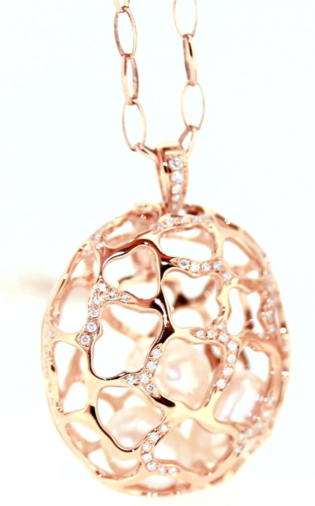 Kura Signature Cage Pendant on Oval Chain in 18 Karat Rose Gold with Diamonds and Pearls - Kura Jewellery