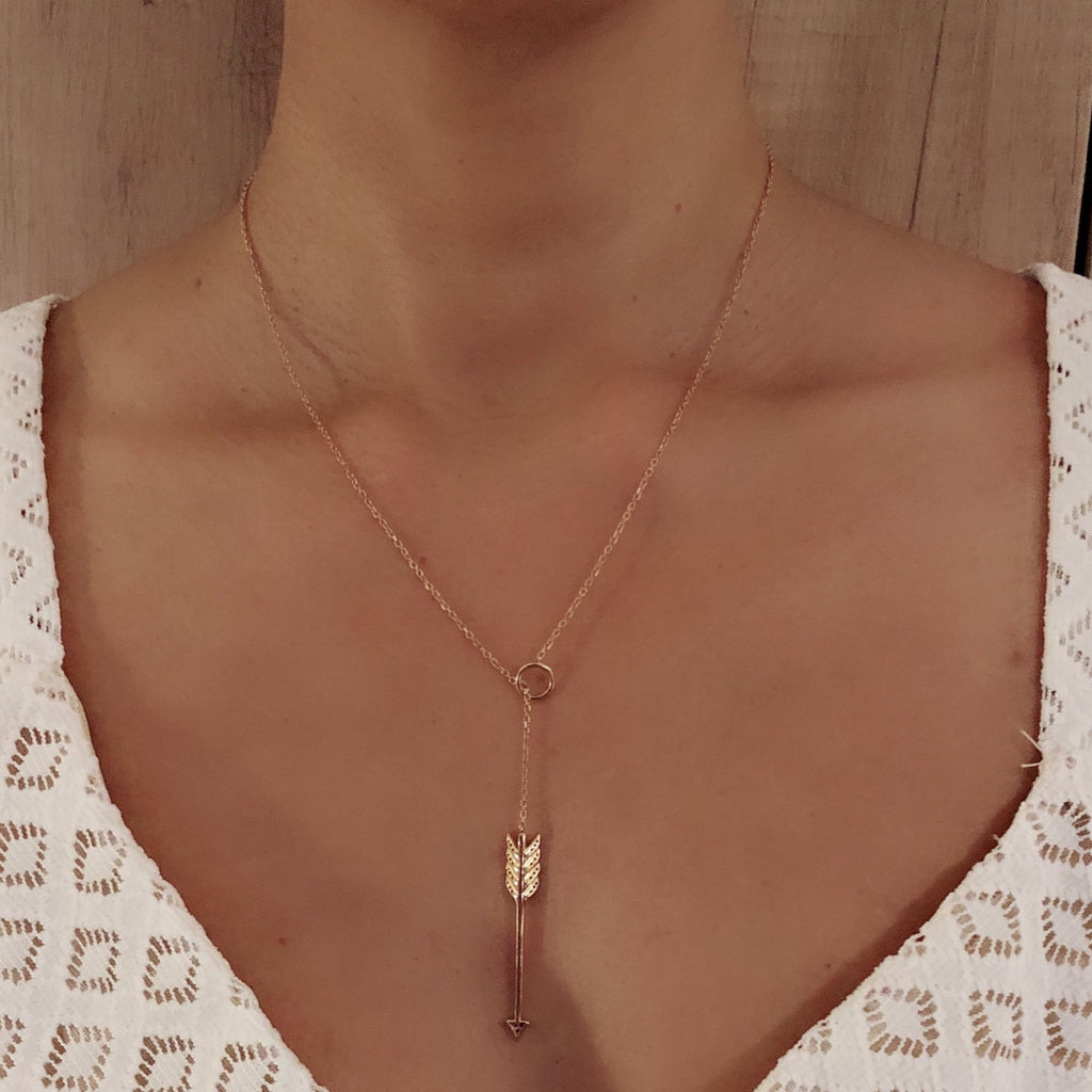 Lariat Style Necklace with Dangling Arrow with diamonds  in 18Karat Rose Gold