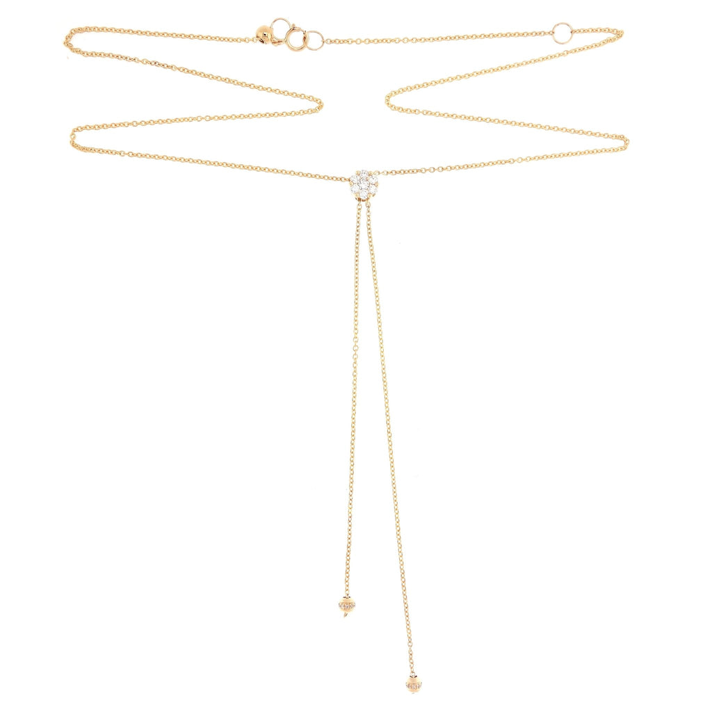 Lariat Style Necklace with pave diamonds in 18Karat Yellow Gold