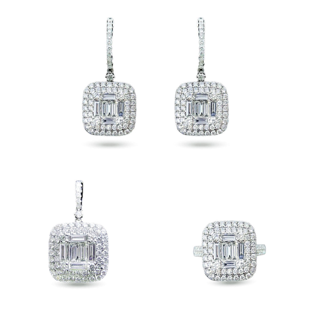 Margaret Baguette Diamond Pendant, Earrings & Ring Set in 18K White Gold - Kura Jewellery