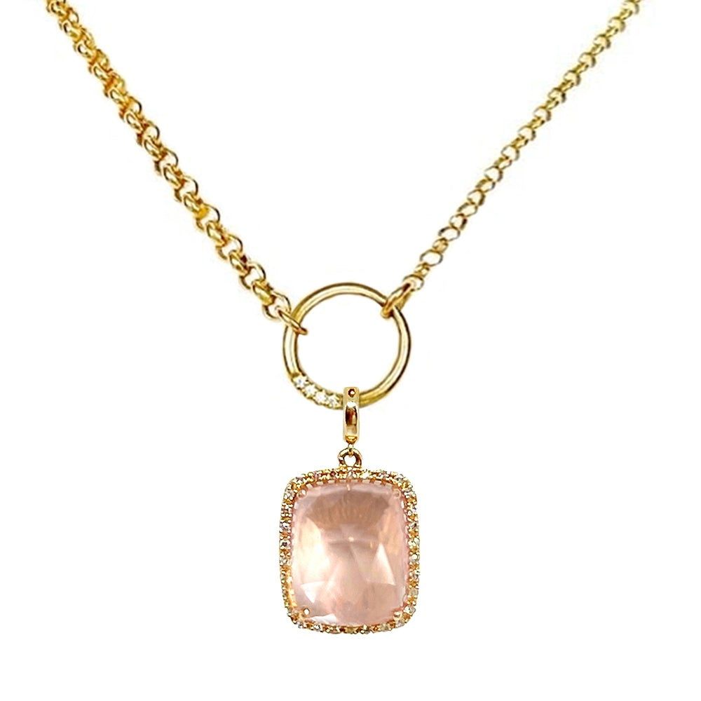 New York Belcher Chain with Circle Link Diamond and Cora Rock Candy Rose Quartz Charm - Kura Jewellery