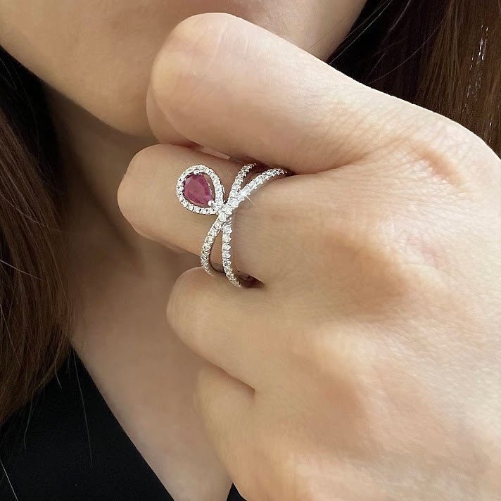 Oraya Tear Drop Red Ruby Ring in 18K White Gold - Kura Jewellery