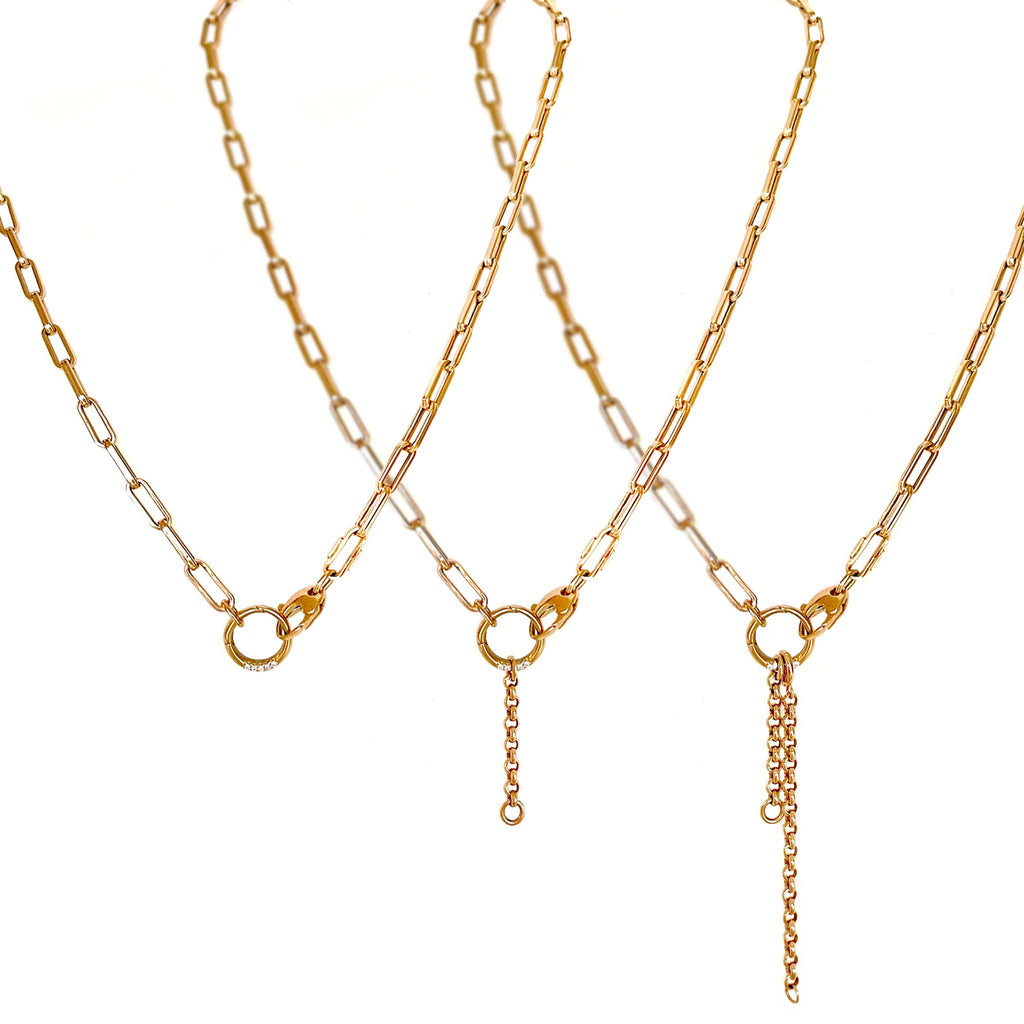Oslo Medium Paper Clip Light Chain with Circle Link Charm Holder and 1"+2" extensions link in 18K Gold - Kura Jewellery