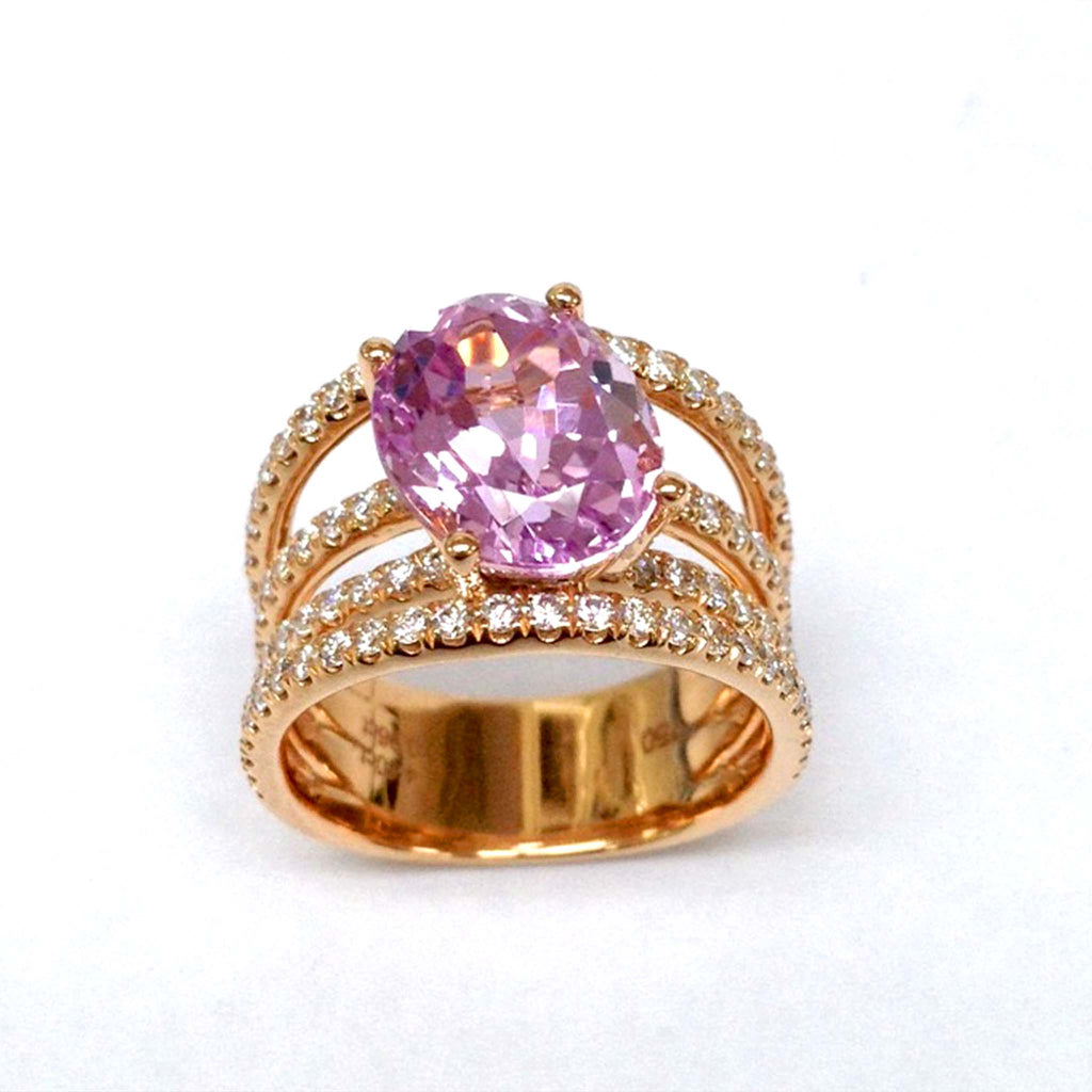 Pink Oval Kunzite with 4 Rows Diamonds Ring - Kura Jewellery
