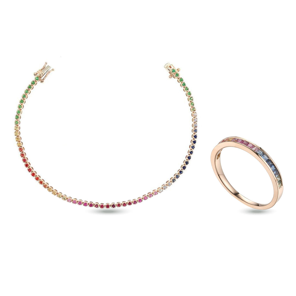 Rainbow Sapphire Half Eternity Ring & Tennis Bracelet Set in 18K Rose Gold - Kura Jewellery