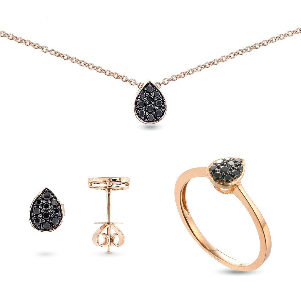 Rina Black Diamond Pear Shape Stud Earrings, Necklace & Ring Set in 18K Rose Gold - Kura Jewellery