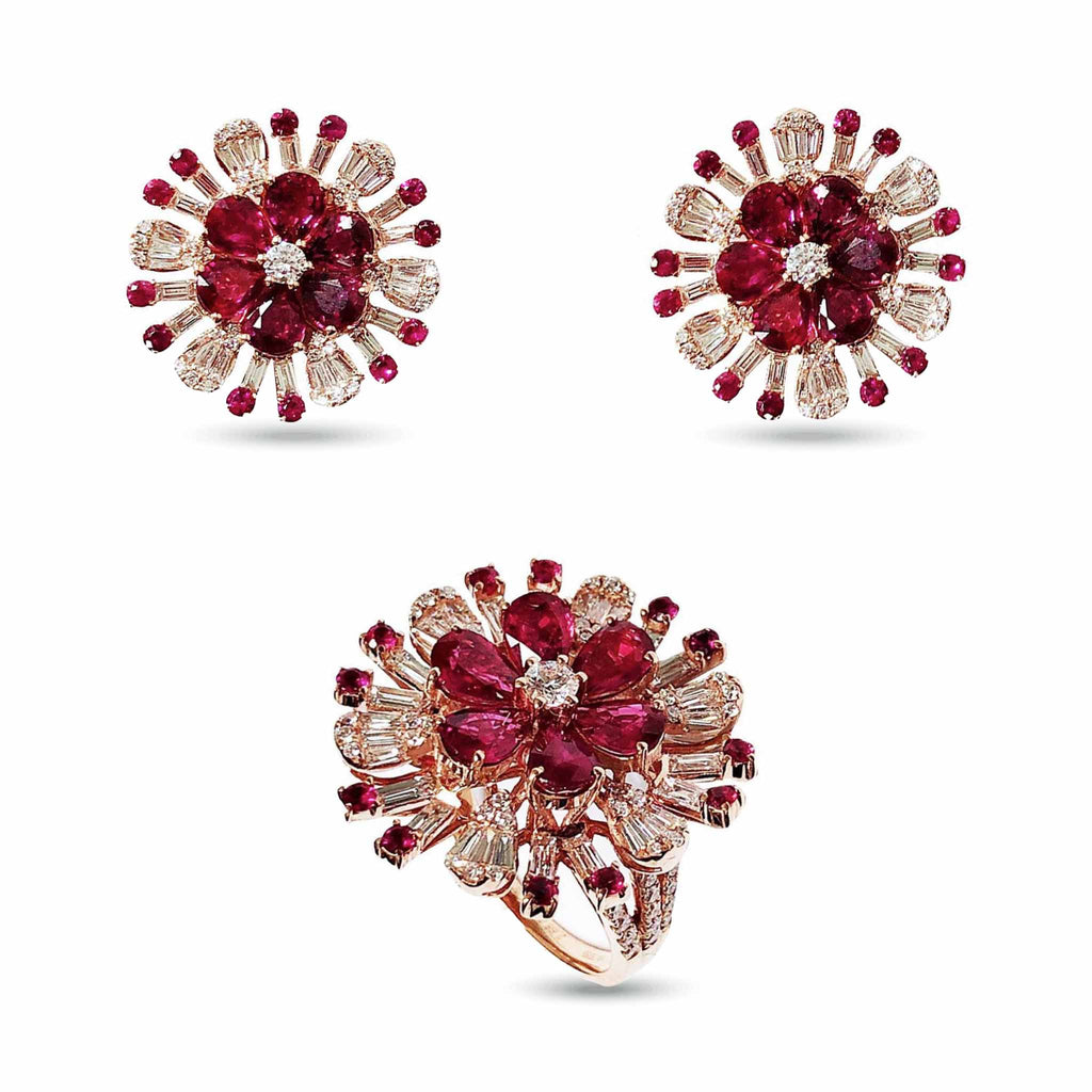 Ruby Sunburst Earrings and Ring with Diamond Set in 18K Rose Gold - Kura Jewellery