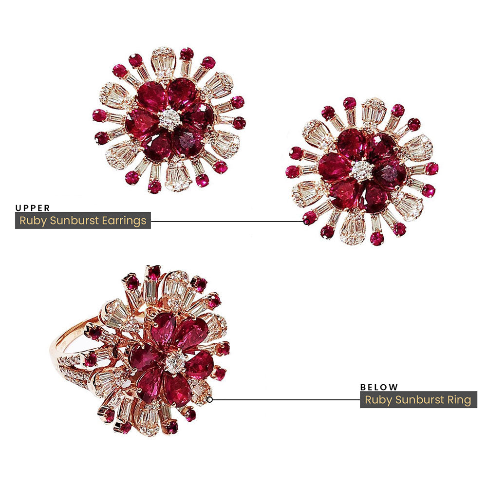 Ruby Sunburst Earrings with Diamond in 18K Rose Gold