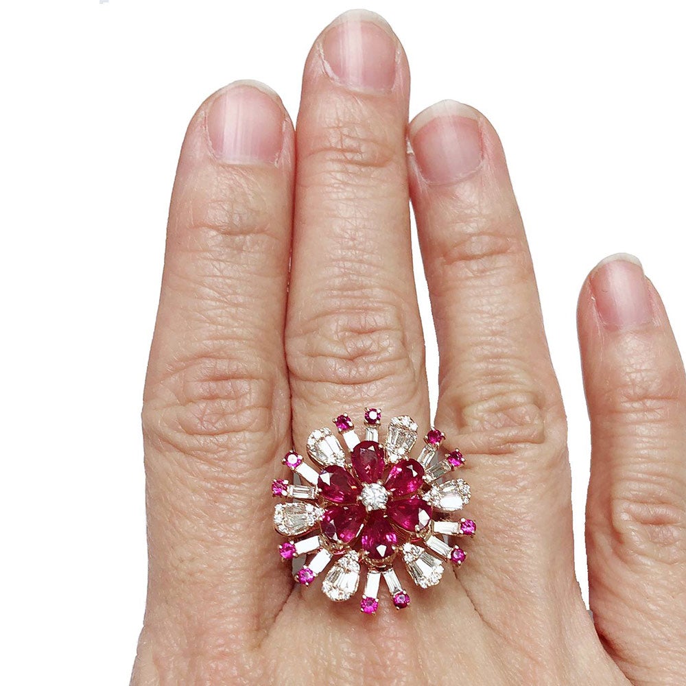 Ruby Sunburst Ring with Diamonds in 18K Rose Gold - Kura Jewellery