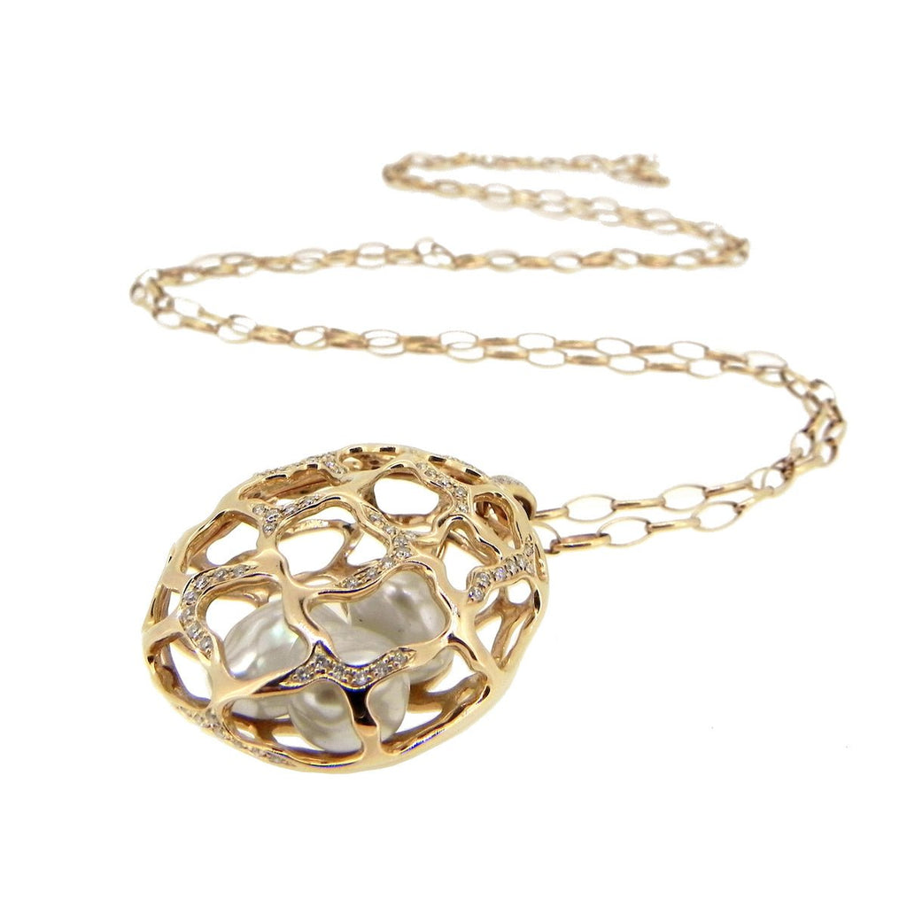 Signature Cage Necklace with Diamonds on Oval Long Chain 18K Gold - Kura Jewellery