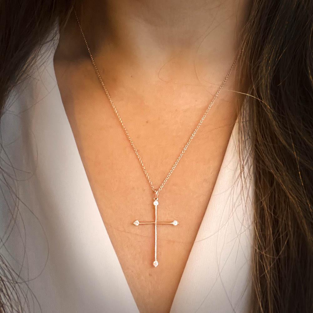Skinny Cross Pendant with Diamonds - Kura Jewellery