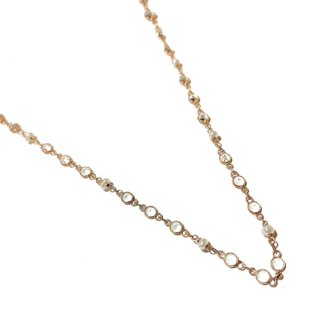 St. Tropez Baby Pearl and White Topaz Long Chain in 18K Gold - Kura Jewellery