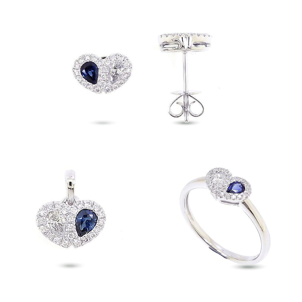 Sweetie Heart Blue Sapphire and Diamond Pendant, Earrings & Ring Set in 18K White Gold - Kura Jewellery