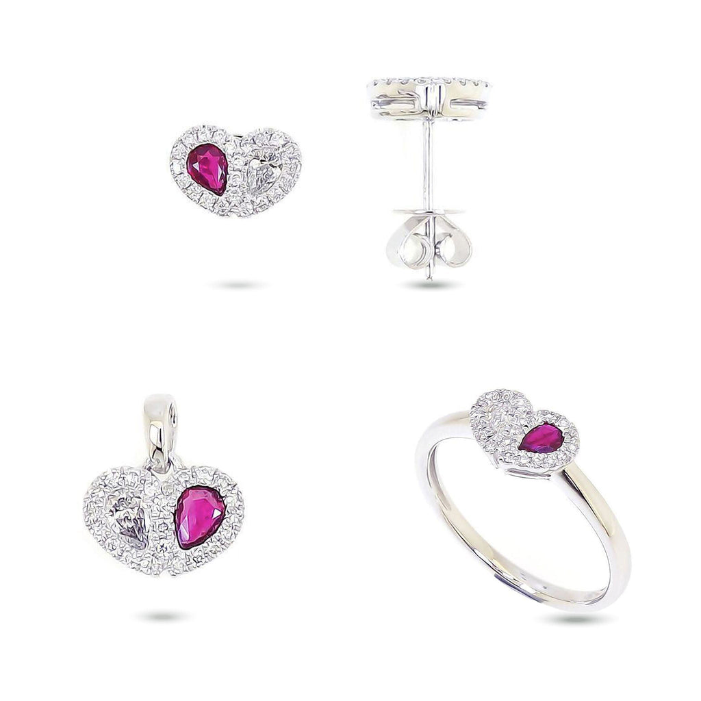 Sweetie Heart Red Ruby and Diamond Pendant, Earrings & Ring Set in 18K White Gold - Kura Jewellery